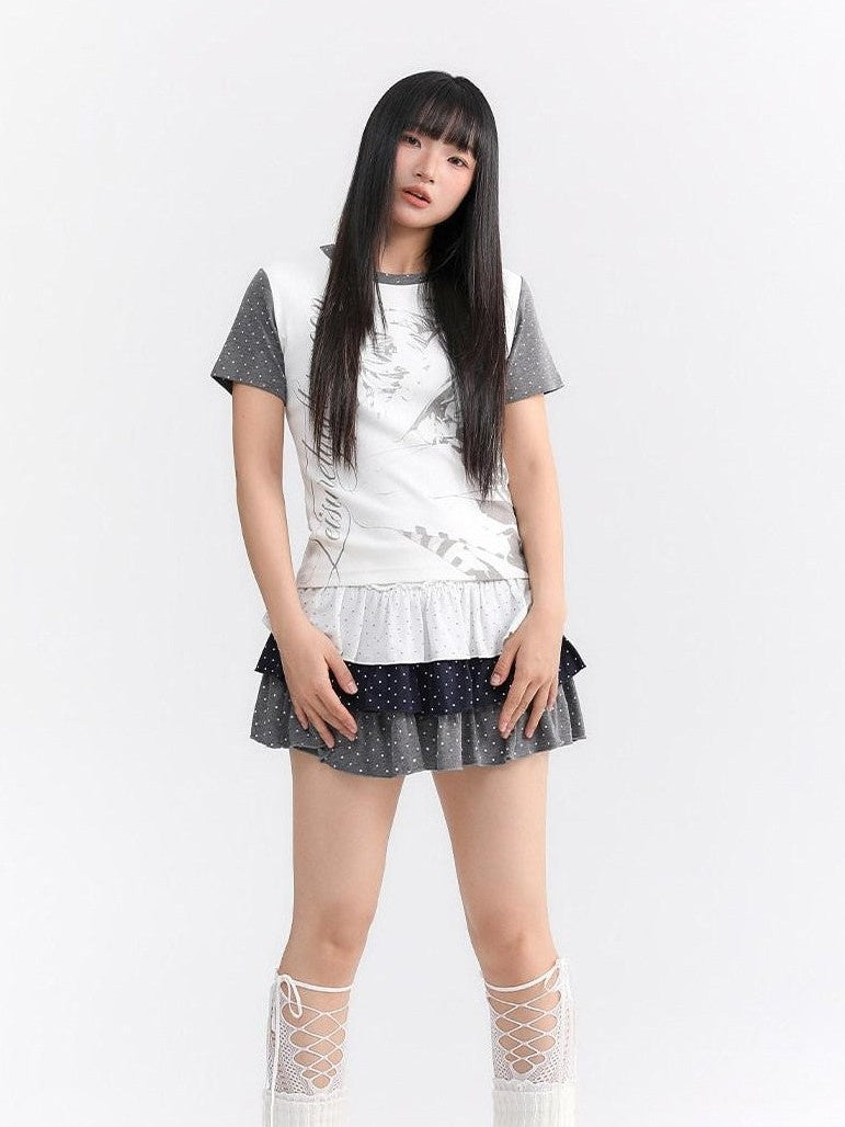 atrandom Polka Dot Spliced Pleated Elastic Waist Women&