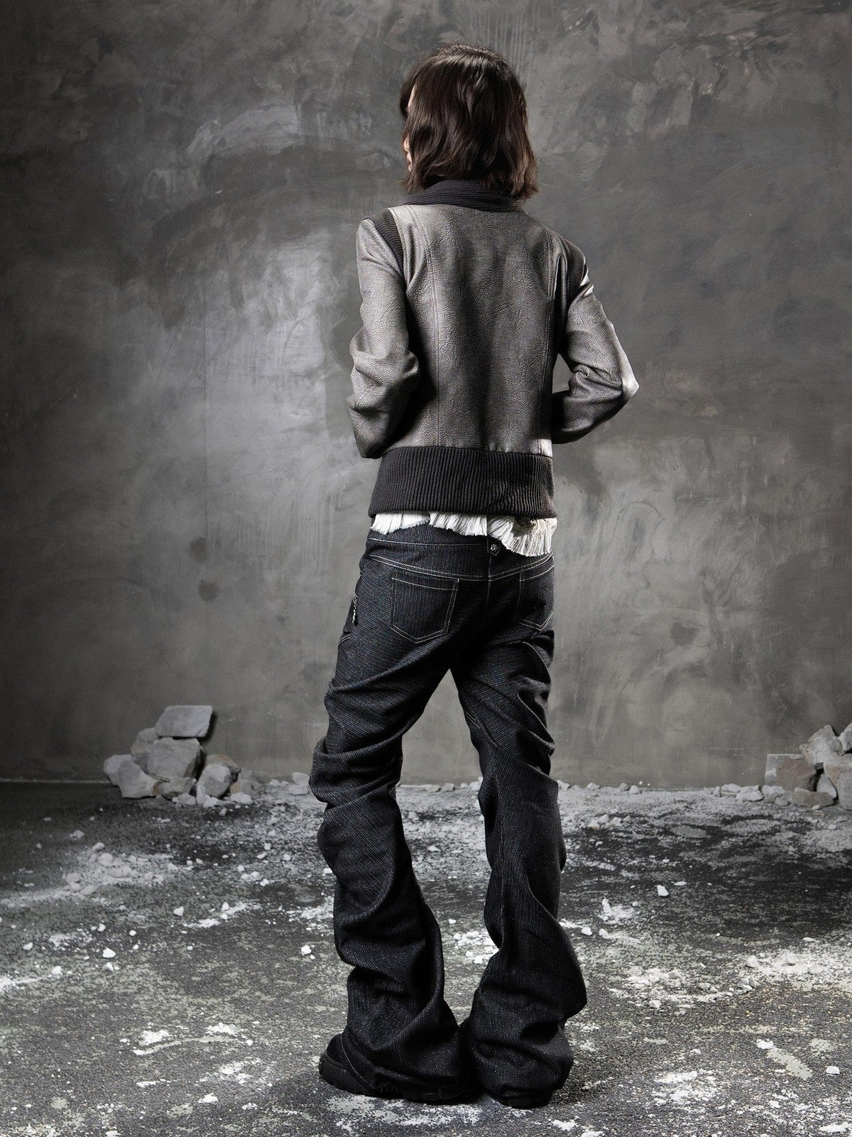 ARIADNAw Black Denim Punk Double Waistband Curved Stacked Texture Women&