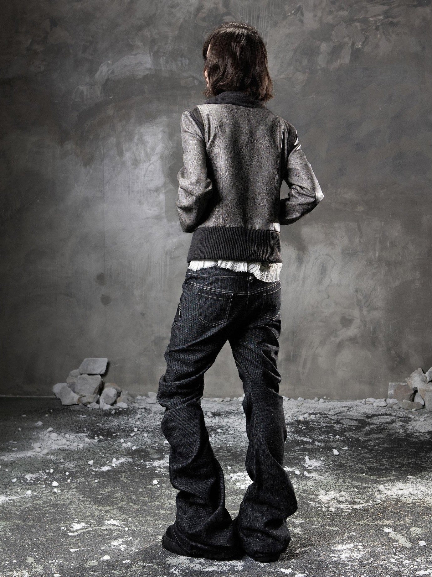ARIADNAw Black Denim Punk Double Waistband Curved Stacked Texture Women&