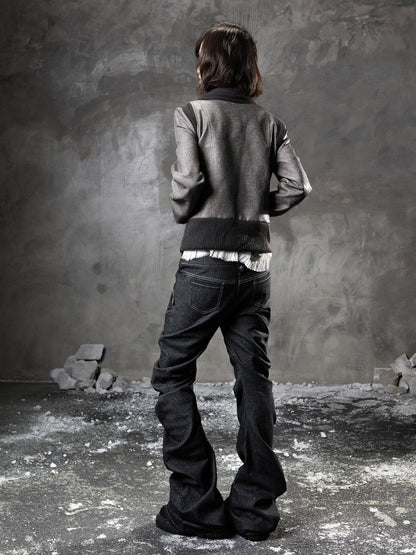 ARIADNAw Black Denim Punk Double Waistband Curved Stacked Texture Women&