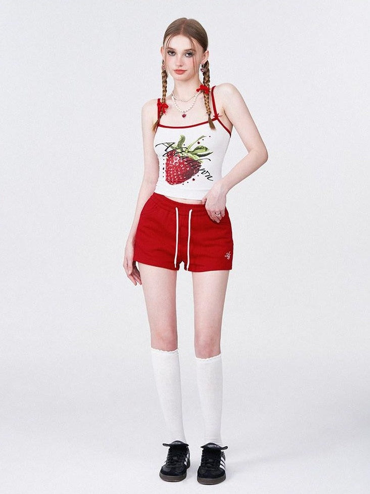 AFTADAWN Strawberry Print Cropped Slim Women&
