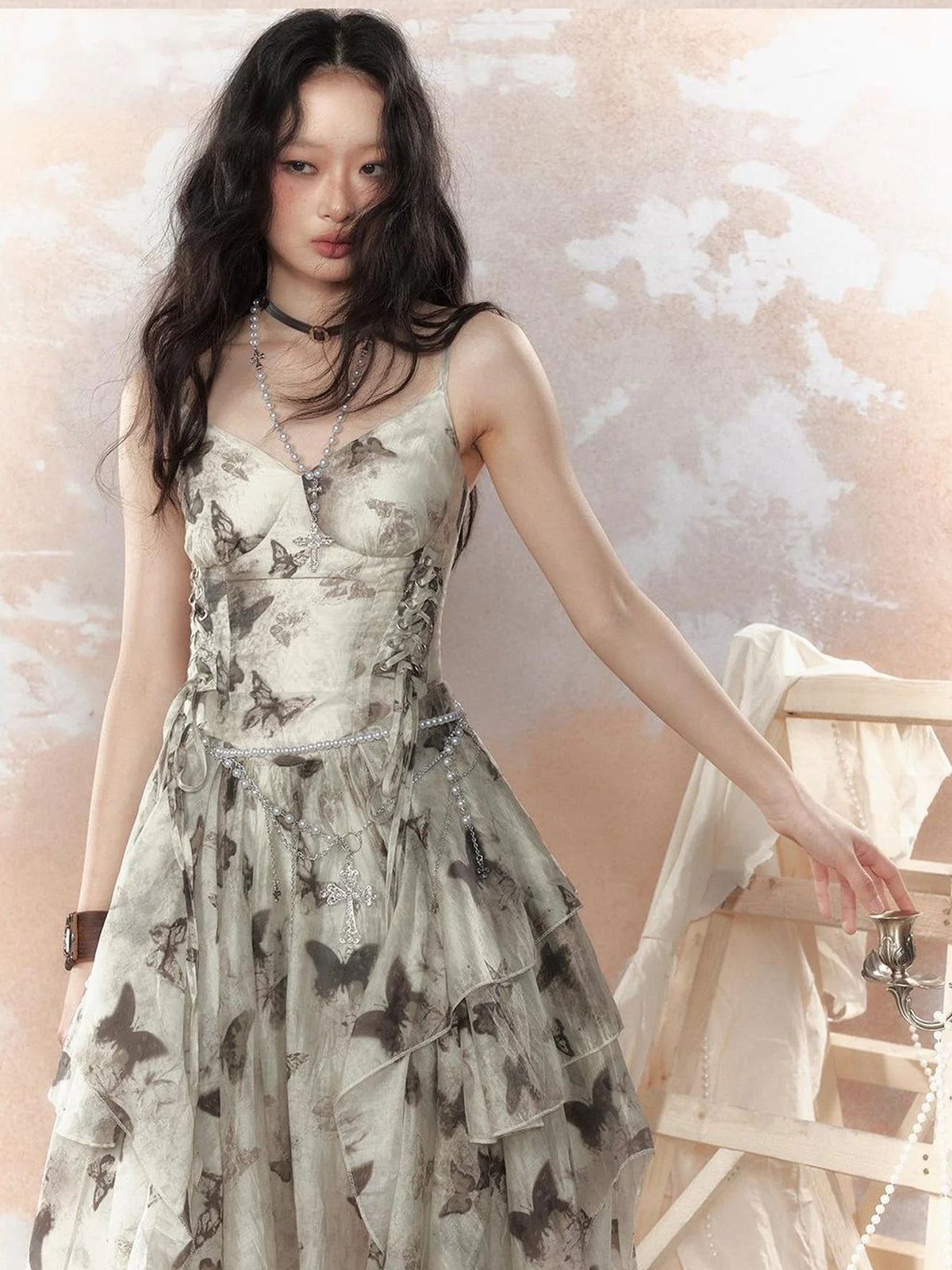 ALL iN plan Steampunk Floral Lace Up Asymmetrical Layered Ruffle Dress