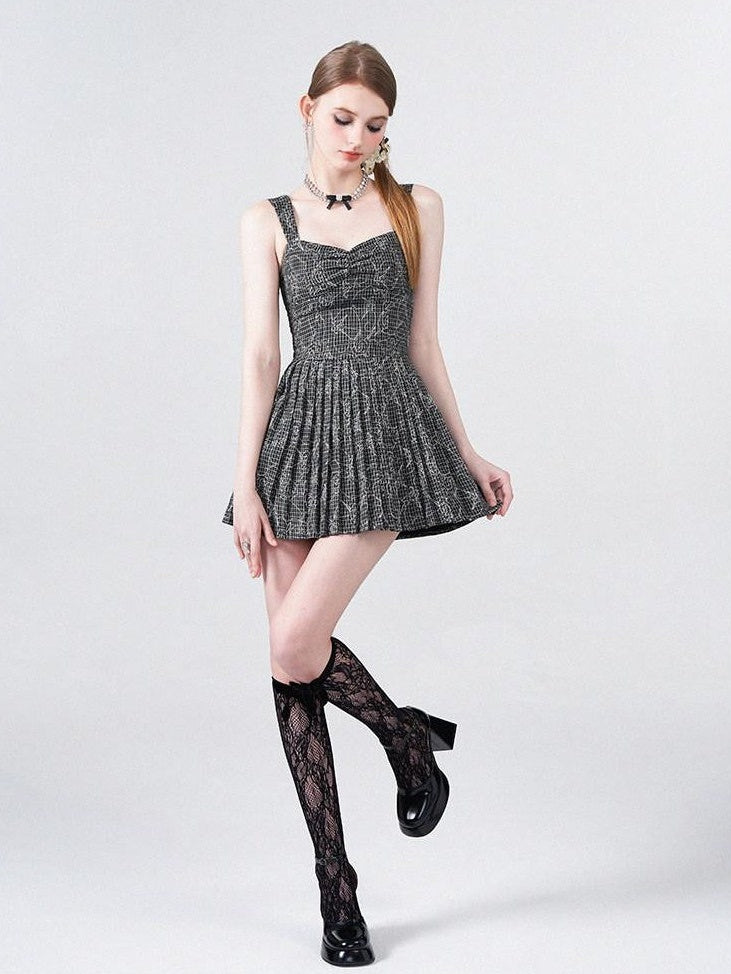 AFTADAWN Black White Check Rose Embroidery Pleated Women&