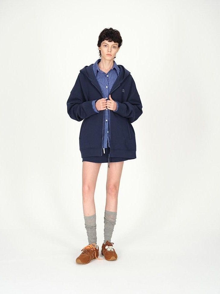 AFTADAWN Blue Hooded Zip A Line Solid Loose Women&