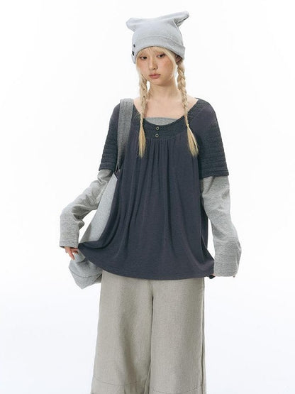 NAPSNAPS Vintage Spliced Faux Layered Round Neck Women&
