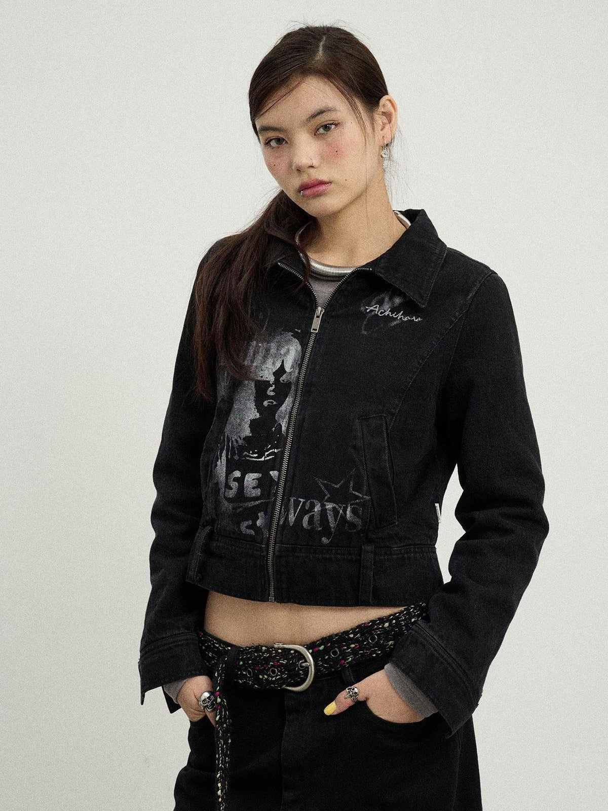 Achihara Print Fleece Lined Stand Collar Cotton Denim Women&