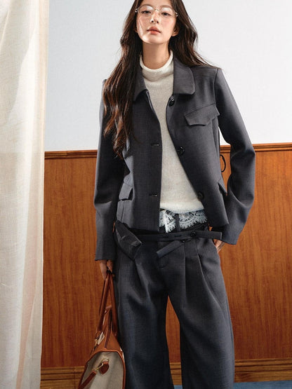 7Shiftin Lace Waistband Lapel Relaxed Korean Vintage Women&