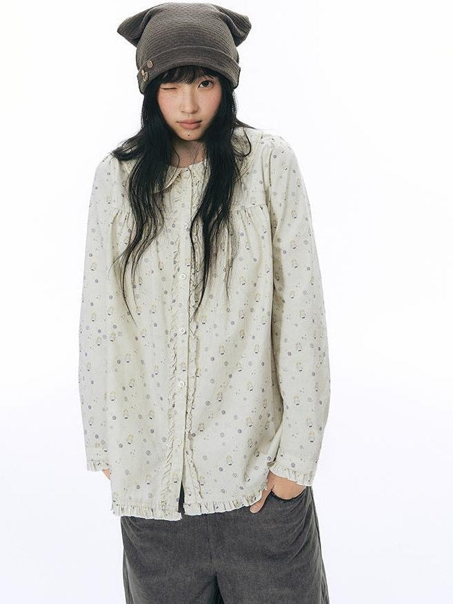 NAPSNAPS Hand Painted Girl Print Peter Pan Collar Ruffle Puff Sleeve Women&