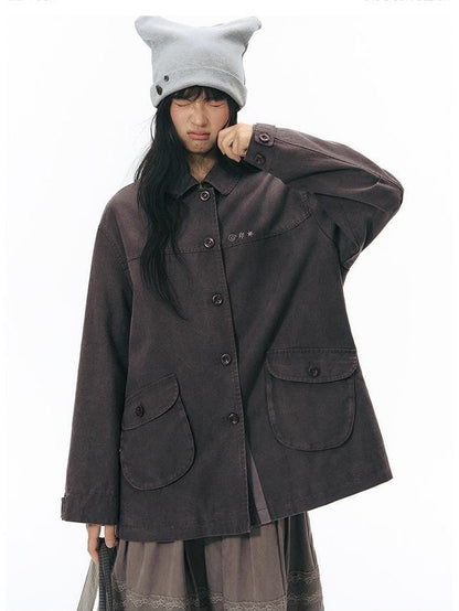 NAPSNAPS Chest Embroidered Vintage Loose Fit Cotton Women&