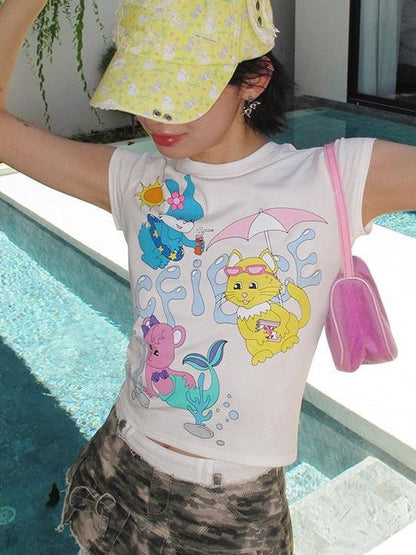 CFIERCE Animal Pool Party Print Slim Short Sleeve Women&