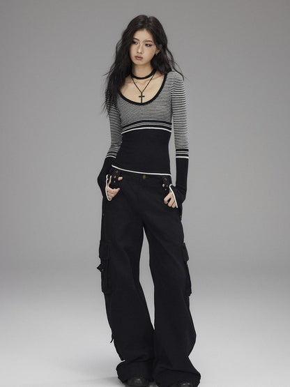 Low pixel Washed Low Rise Wide Leg Utility Loose Fit Womens Black Cargo Pants