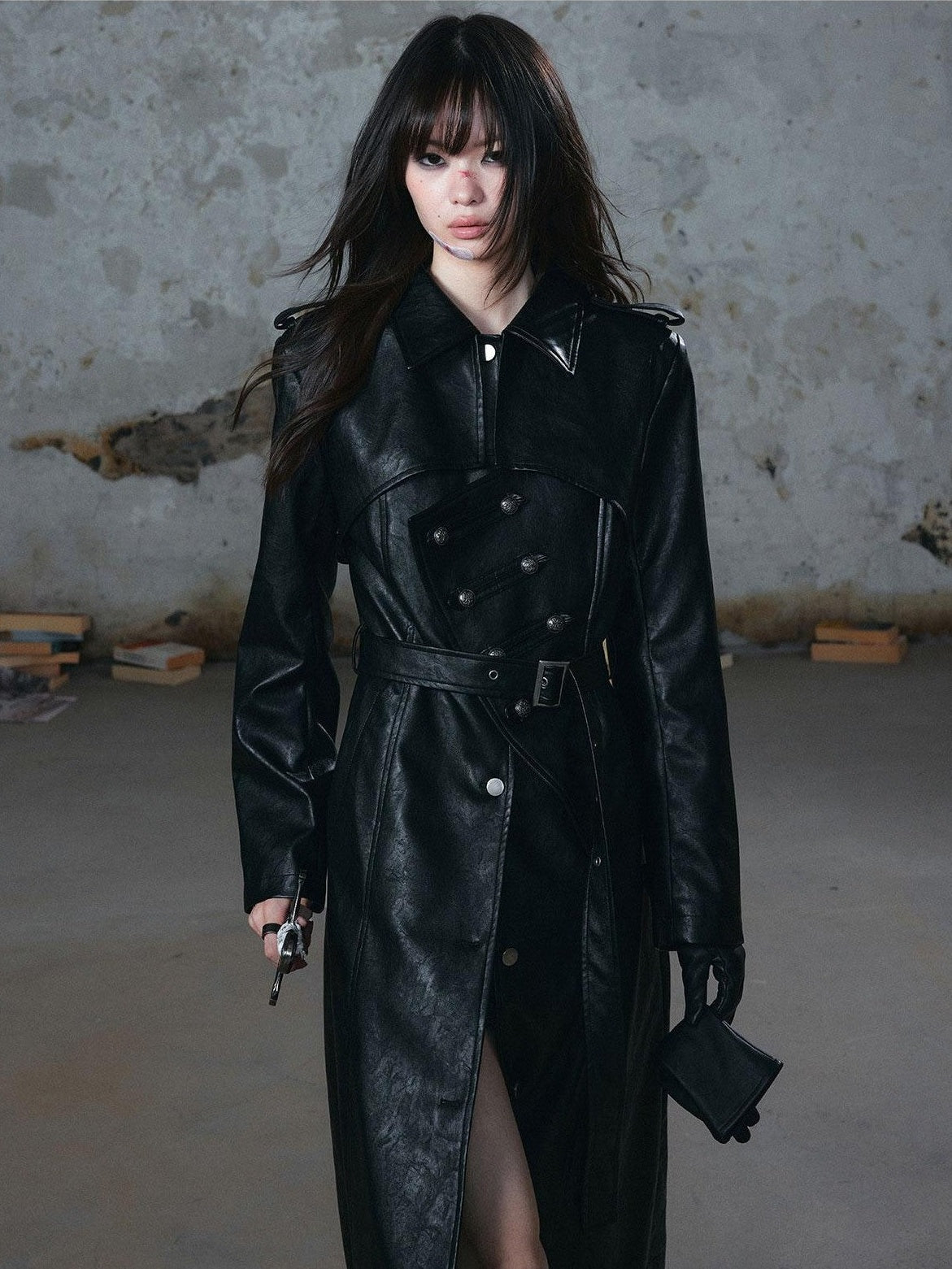 Cest Nous Asymmetric Deconstructed Waist Cinched Long Sleeve Pu Leather Women&