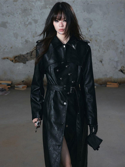 Cest Nous Asymmetric Deconstructed Waist Cinched Long Sleeve Pu Leather Women&