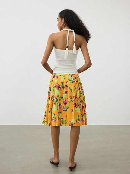 AFTADAWN Tropical Orange Printed Pleated A Line High Waist Women&