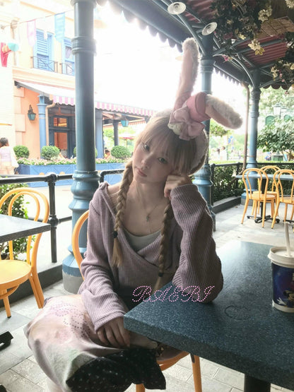 bae bi Bunny Ears Cross Neck Handstitched Lace Bow Women&