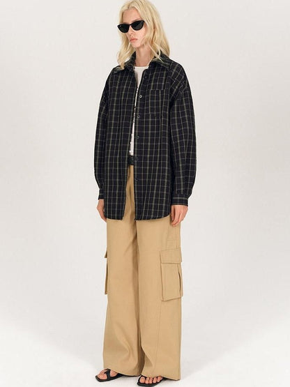 AFTADAWN Soft Textured Plaid Patchwork Collared Loose Women&