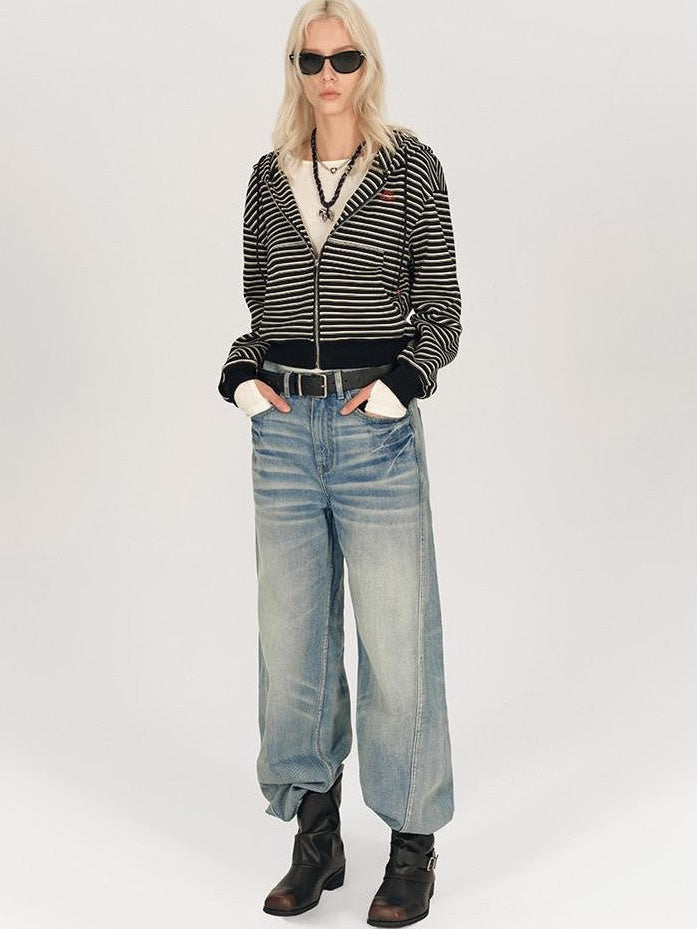 AFTADAWN Striped Embroidered Hooded Rib Waist Women&
