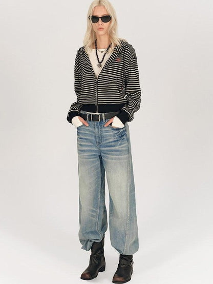 AFTADAWN Striped Embroidered Hooded Rib Waist Women&