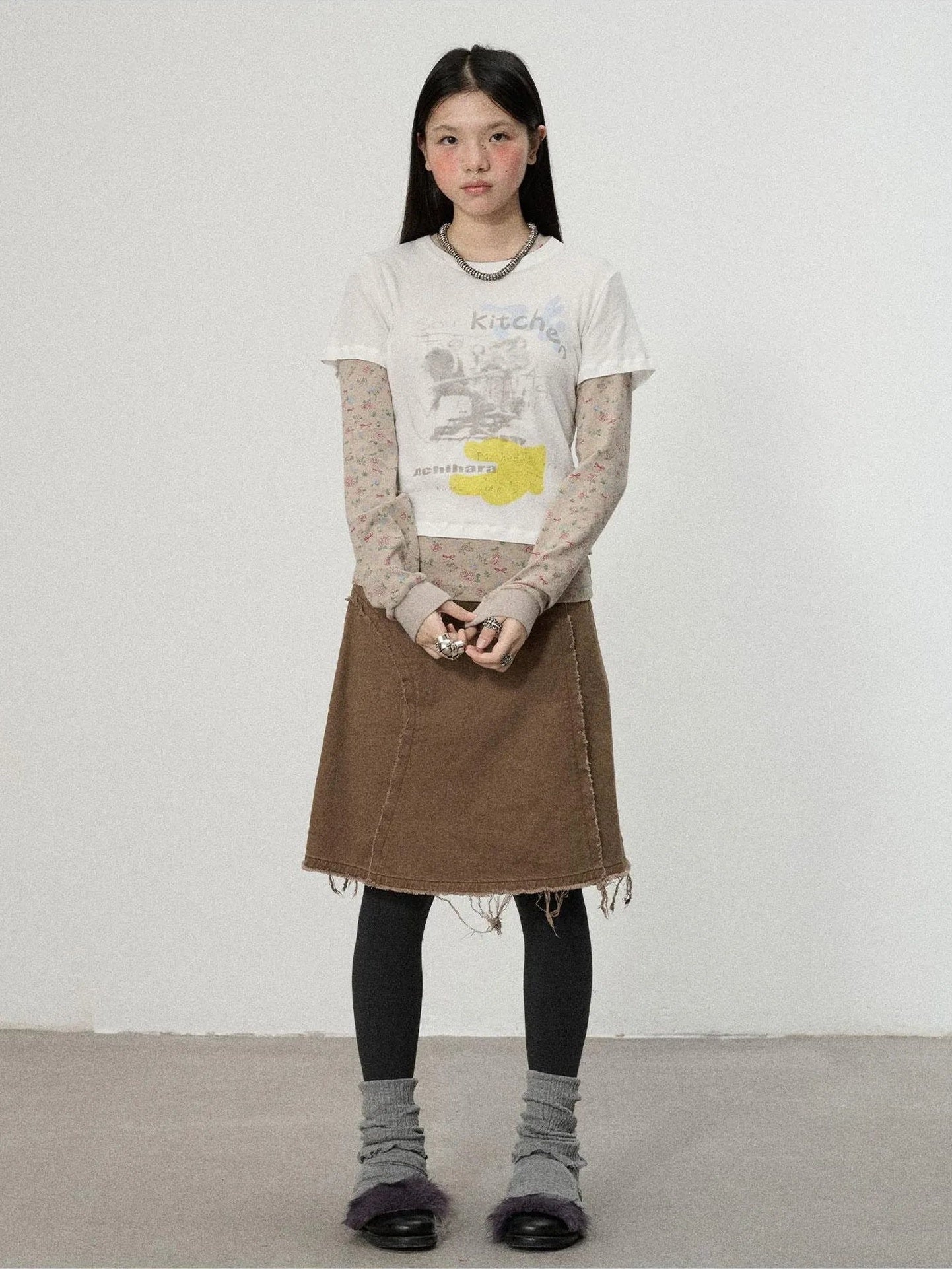 Achihara Two Piece Knit Set With Floral Print V-neck T-shirt Long Sleeve