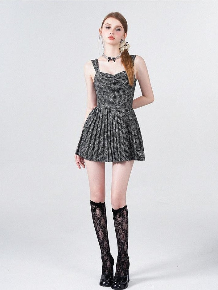 AFTADAWN Black White Check Rose Embroidery Pleated Women&