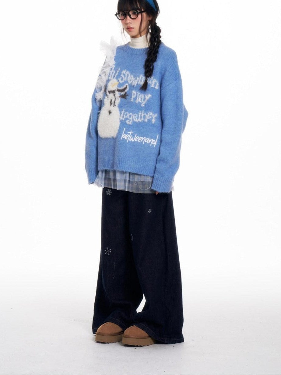 BETWEENAND Snowman Print Vintage Loose Slimming Fleece Lined Women&