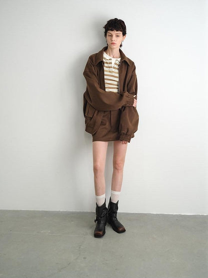 AFTADAWN Brown Lapel Double Zip Pockets A Line Women&