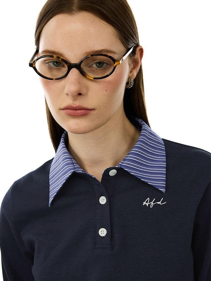 AFTADAWN Colorblock Faux Two Piece Polo Collar Striped Women&