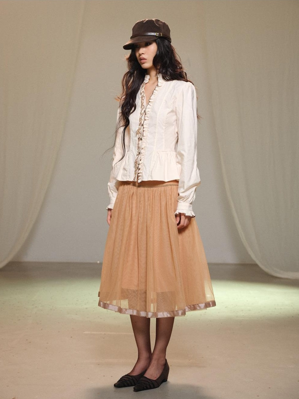 lvetong Beige Bubble Sleeve Ruffle Trim Splice Cinched Waist Women&