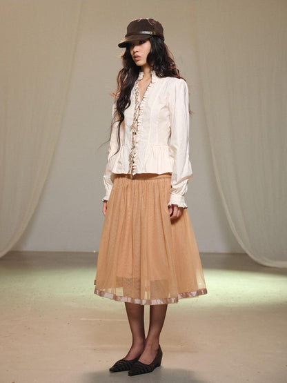 lvetong Beige Bubble Sleeve Ruffle Trim Splice Cinched Waist Women&