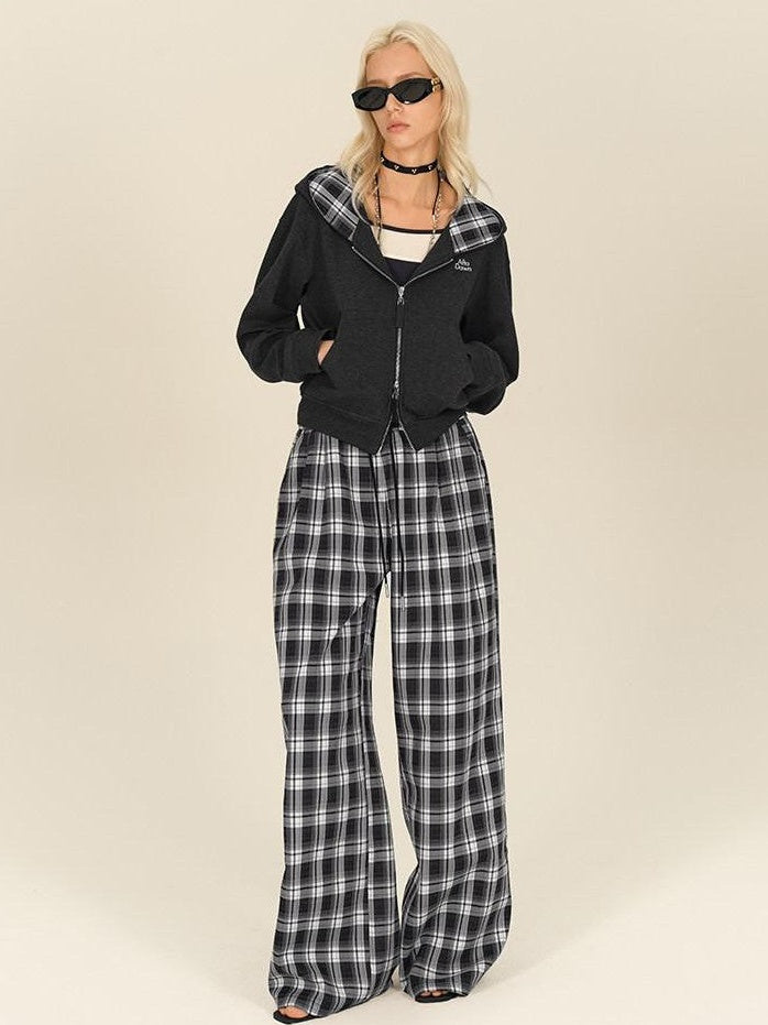 AFTADAWN Gray Plaid Patchwork Double Zipper Women&