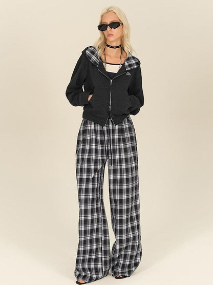 AFTADAWN Gray Plaid Patchwork Double Zipper Women&