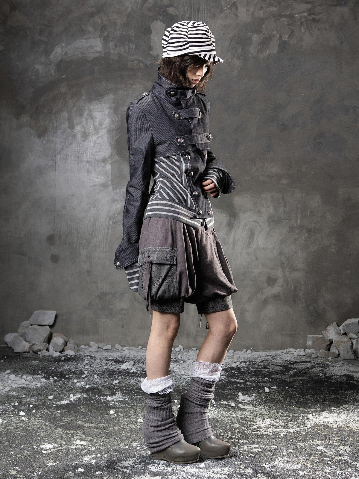 ARIADNAw Denim Blue Asymmetrical Striped Patchwork Original Design Women&