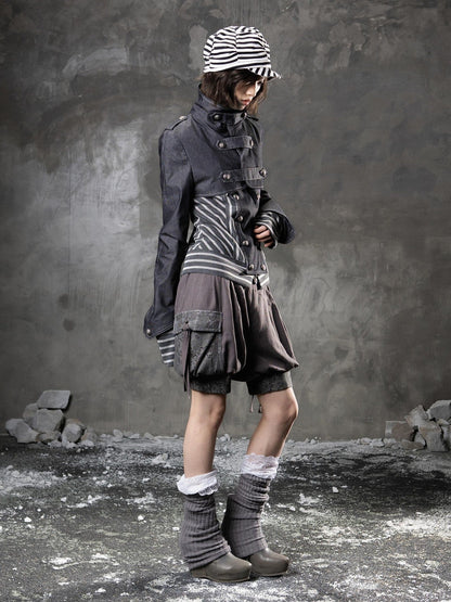 ARIADNAw Denim Blue Asymmetrical Striped Patchwork Original Design Women&