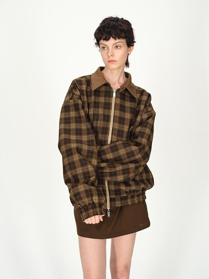 AFTADAWN Contrast Leather Collar Embroidered Reversible Plaid Women&