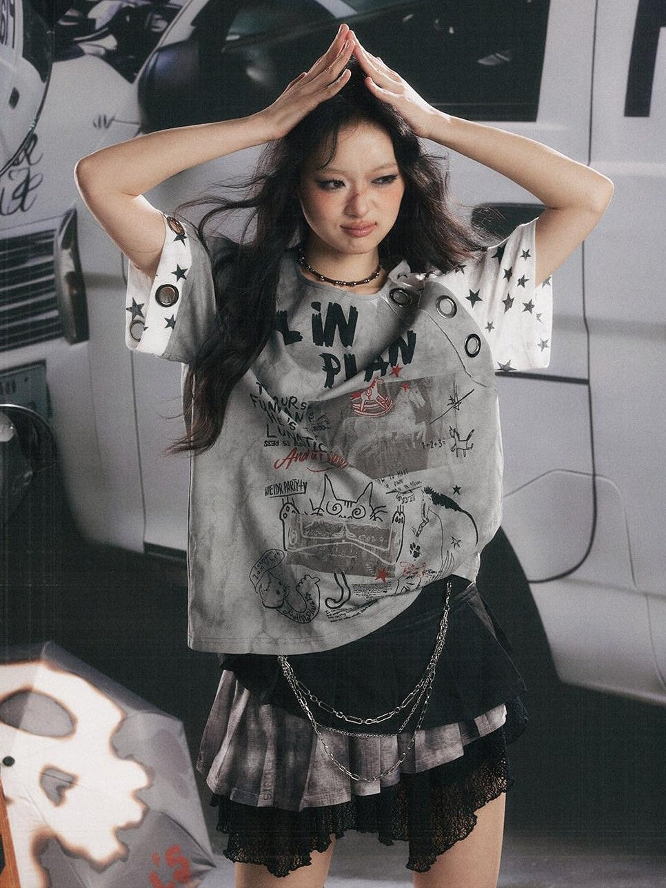 ALL iN plan Graffiti Print Vintage Washed Women&