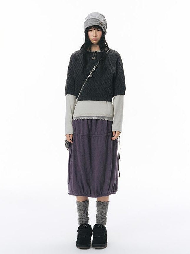 NAPSNAPS Lace Trim Splice Knit Round Neck Women&