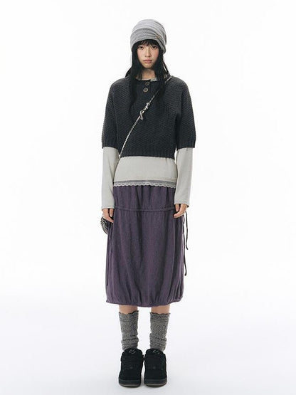 NAPSNAPS Lace Trim Splice Knit Round Neck Women&