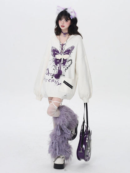 Crazy Girl Butterfly Bow V-neck Hooded Lantern Sleeve Loose Women&