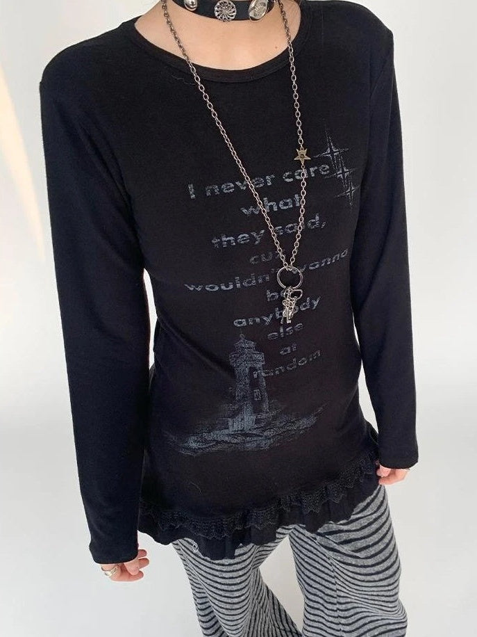 atrandom Lace Trim Floral Print Slim Long Sleeve T-Shirt Dresses