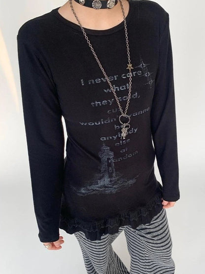 atrandom Lace Trim Floral Print Slim Long Sleeve T-Shirt Dresses