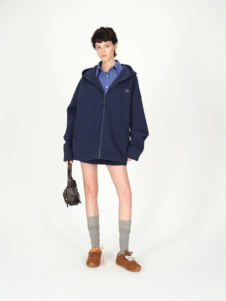 AFTADAWN Blue Hooded Zip A Line Solid Loose Women&