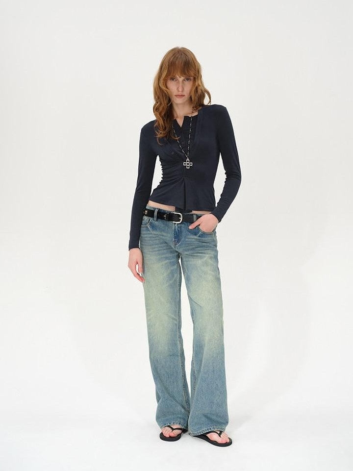 AFTADAWN Irregular Button Placket Faux Layered Women&
