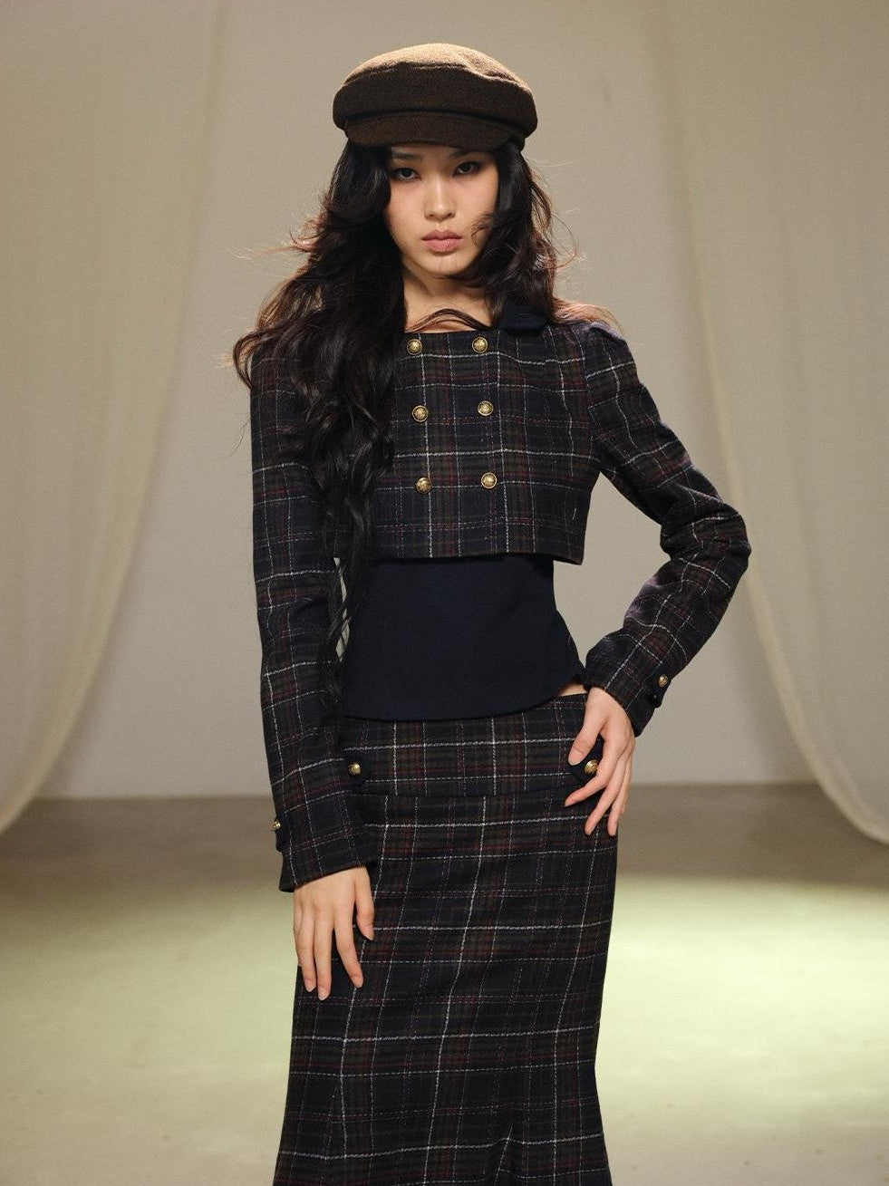 lvetong Plaid Wool Blend Cropped Jacket Long Sleeve Fishtail Skirt Women&