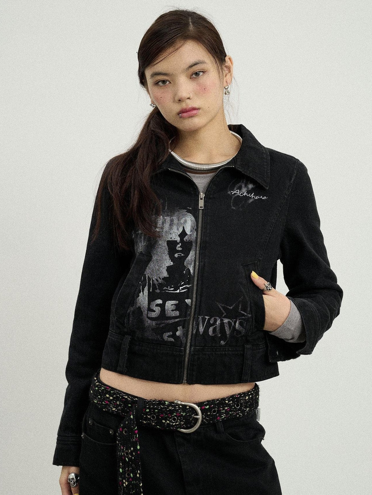 Achihara Print Fleece Lined Stand Collar Cotton Denim Women&