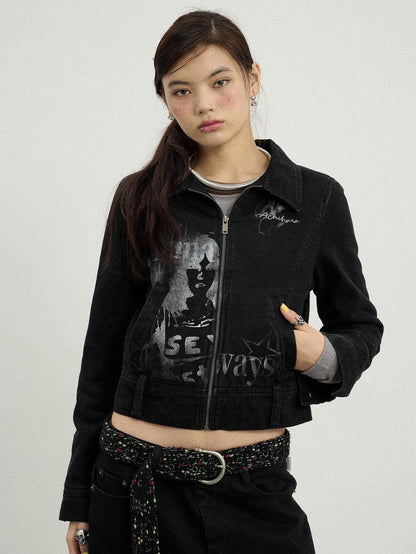Achihara Print Fleece Lined Stand Collar Cotton Denim Women&
