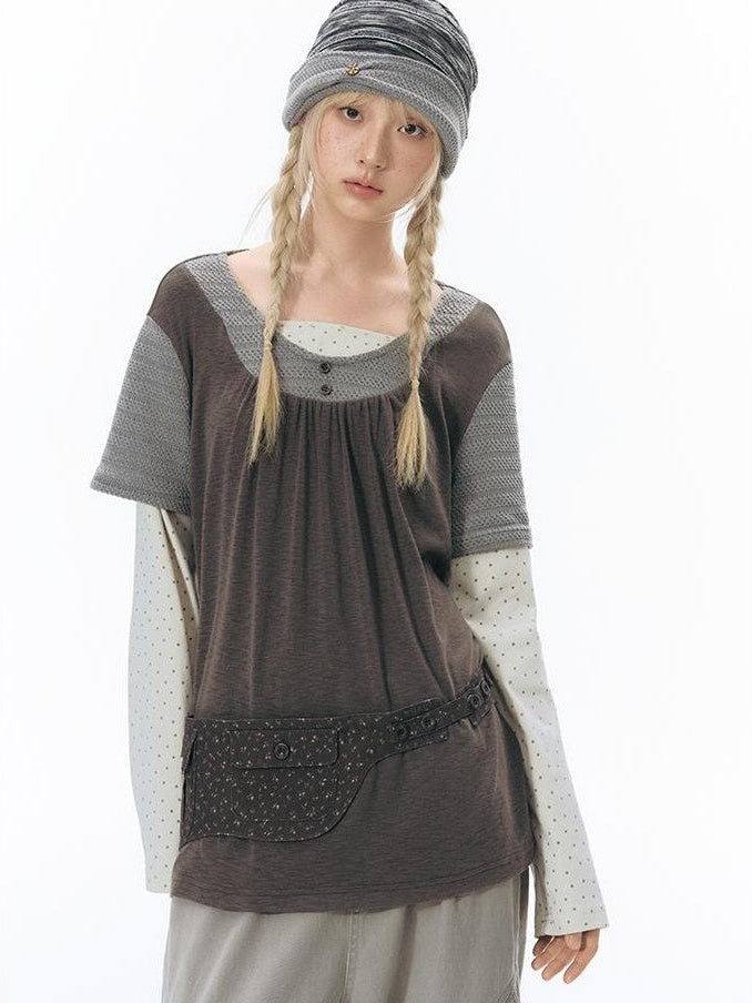 NAPSNAPS Vintage Spliced Faux Layered Round Neck Women&