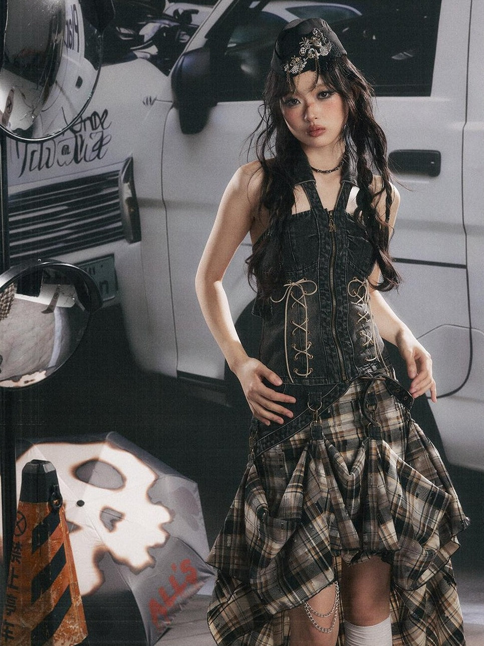 ALL iN plan Vintage Plaid Patchwork Asymmetric Women&