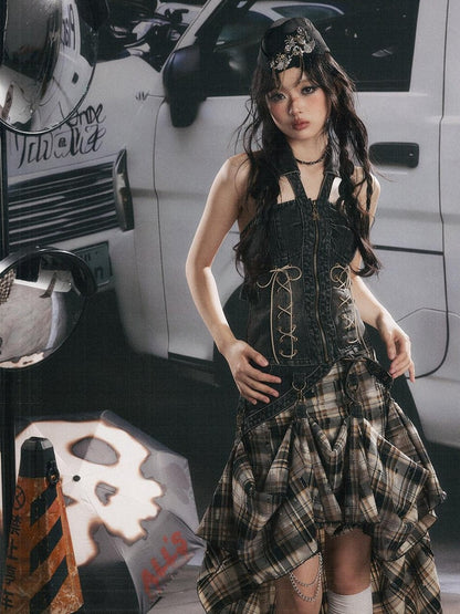 ALL iN plan Vintage Plaid Patchwork Asymmetric Women&