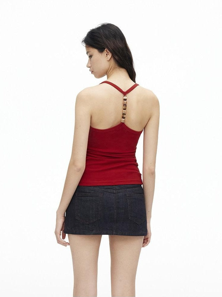 AFTADAWN Cropped Backless Beaded Ruched U Neck Slim Women&