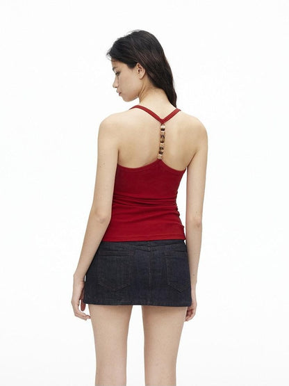 AFTADAWN Cropped Backless Beaded Ruched U Neck Slim Women&